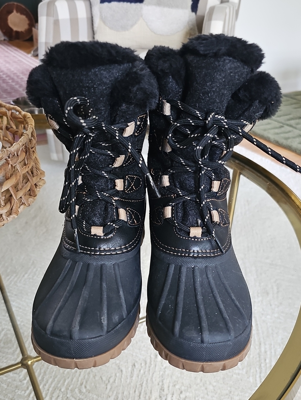 Storm Black Women's Winter Lace-Up Fur-Trim Boots with Brown Outsole